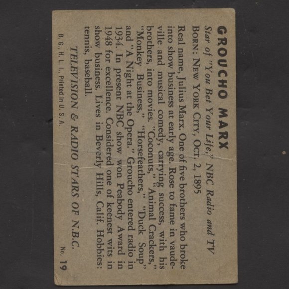 1953 BOWMAN TELEVISION AND RADIO STARS GROUCHO MARX CARD - Picture 2 of 2